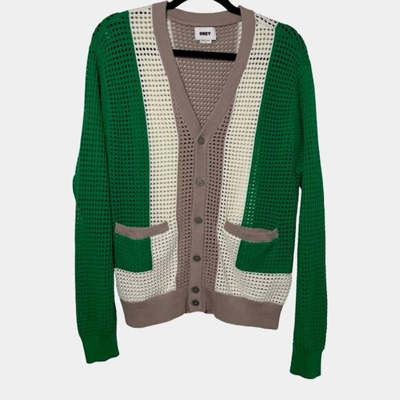 Obey Mens Anderson '60s Cardigan Sweater Button Front Mesh Green Multi Size S - Picture 1 of 7